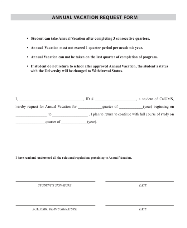 Free 12 Sample Vacation Request Forms In Pdf Ms Word Excel