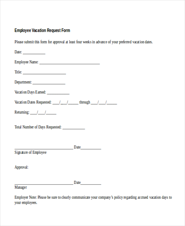 Free 12 Sample Vacation Request Forms In Pdf Ms Word Excel