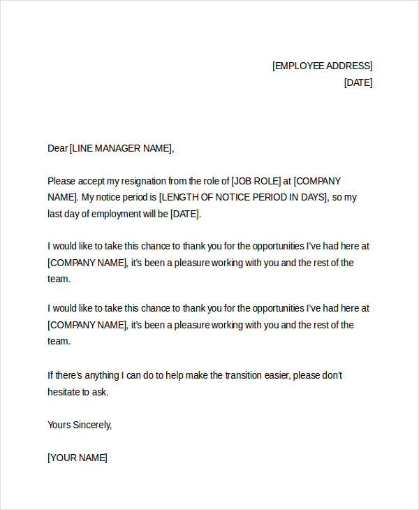 Free 9 Sample Resignation Letters In Pdf Ms Word