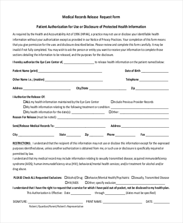Authorization to release medical records form template