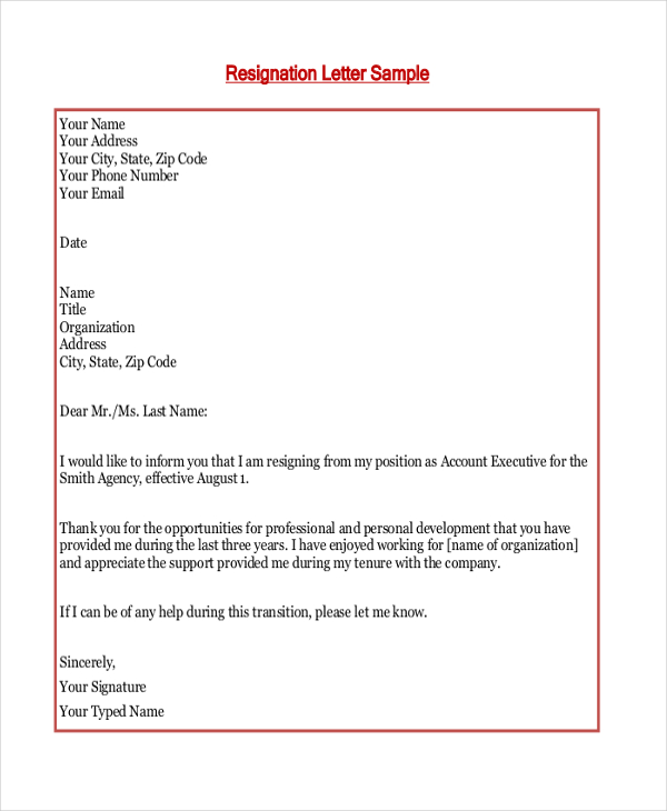 Free 9 Sample Resignation Letters In Pdf Ms Word