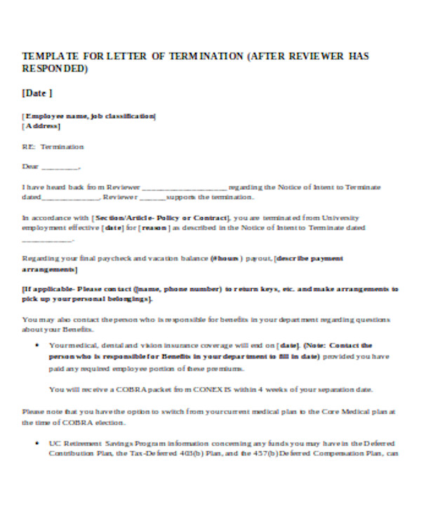 Free 9 Sample Employee Termination Letters In Pdf Ms Word