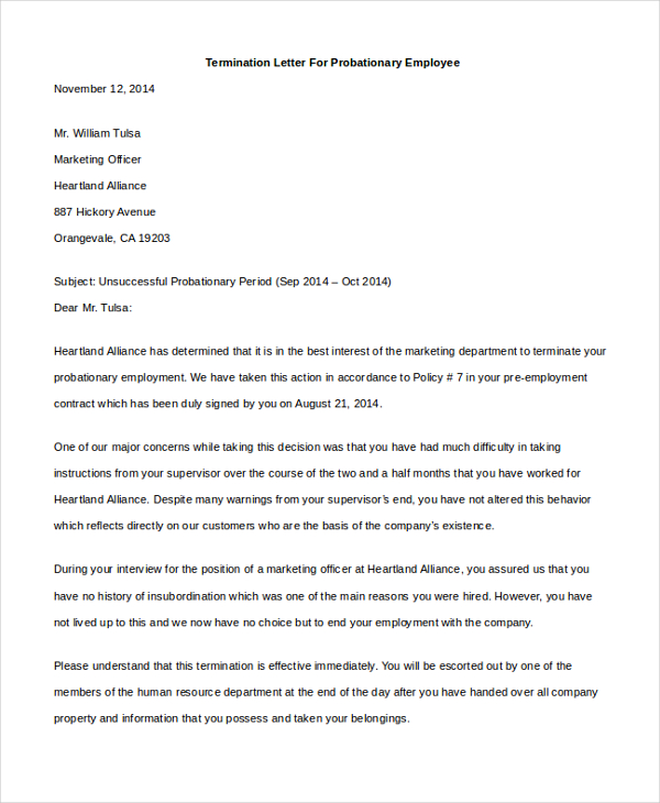 Free 9 Sample Employee Termination Letters In Pdf Ms Word