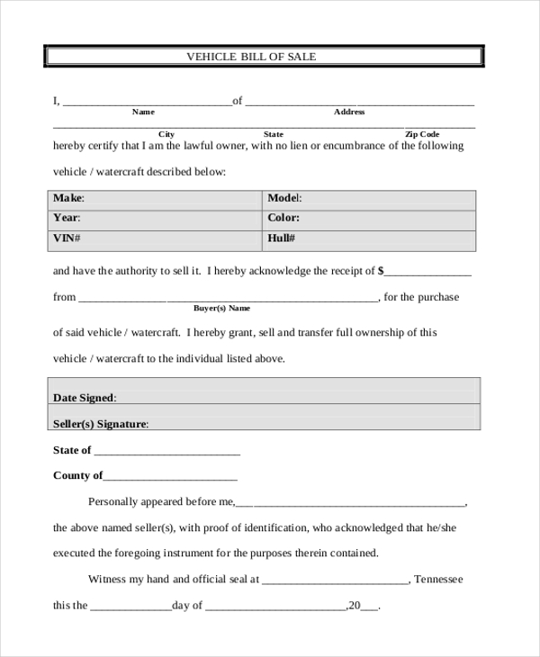 free 7 sample bill of sale forms for vehicle in pdf ms word