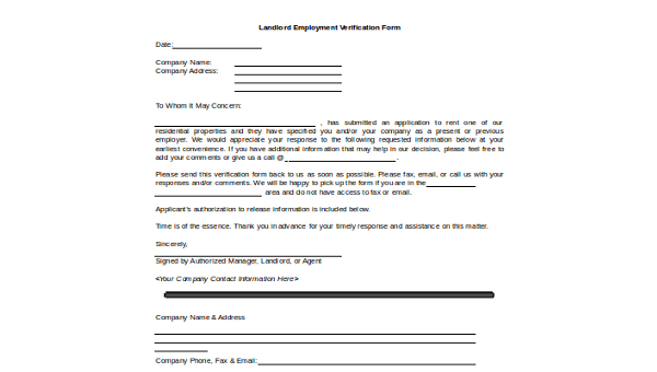 Free 7 Sample Landlord Verification Forms In Ms Word Pdf