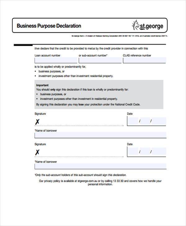 Free 8 Sample Business Declaration Forms In Pdf Ms Word Excel