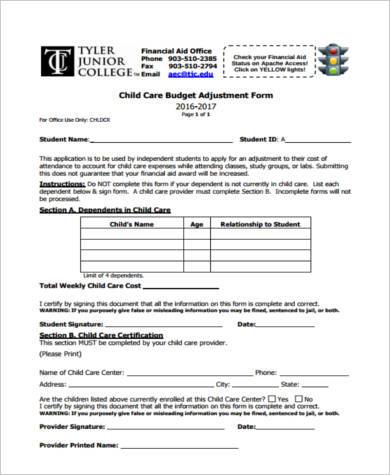 Free 7 Sample Child Care Budget Forms In Pdf Ms Word