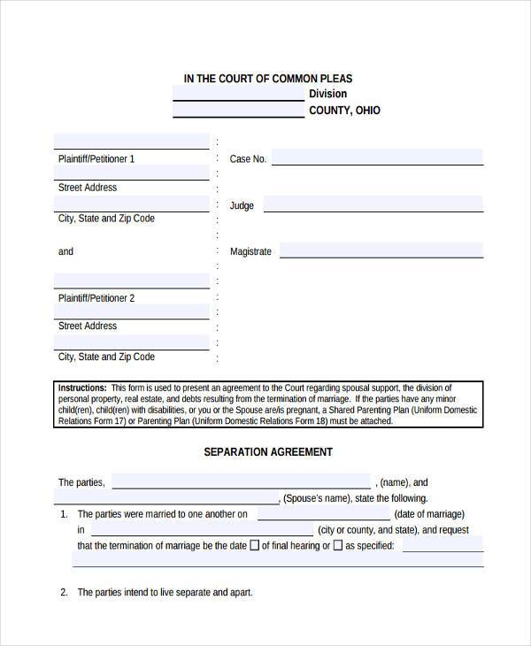 When you and your spouse wish to separate in ohio, you can do so by submitting an agreement to the ohio court of common pleas or you can go through a court . Free 8 Separation Agreement Forms In Pdf Ms Word