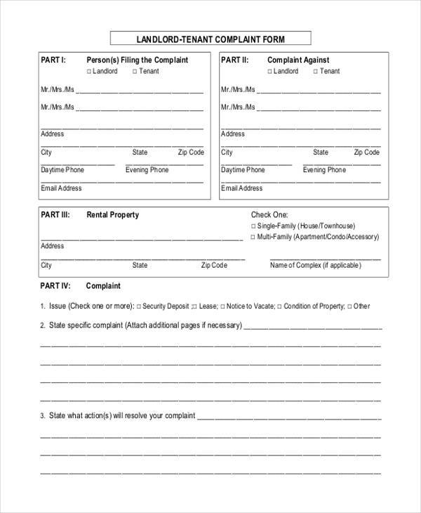 Free 8 Landlord Complaint Forms In Pdf Ms Word