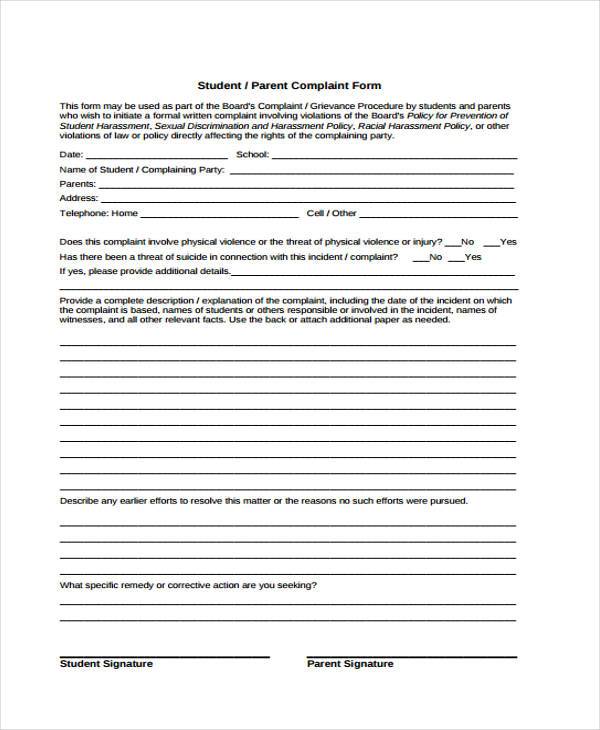 Free 11 School Complaint Forms In Pdf Ms Word