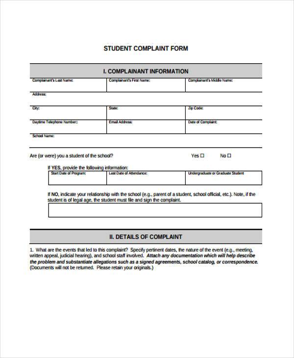 Free 11 School Complaint Forms In Pdf Ms Word