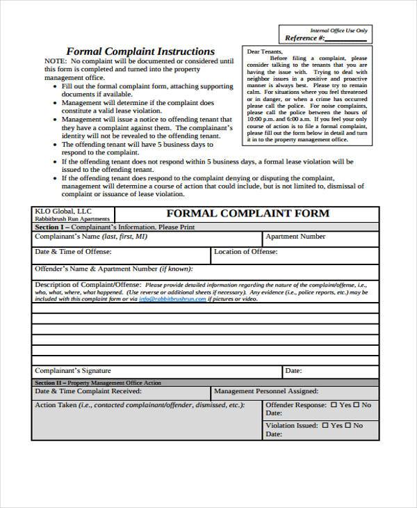 Free 8 Sample Tenant Complaint Forms In Pdf Ms Word