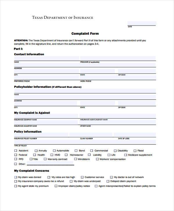 Free 8 Insurance Complaint Forms In Pdf Ms Word
