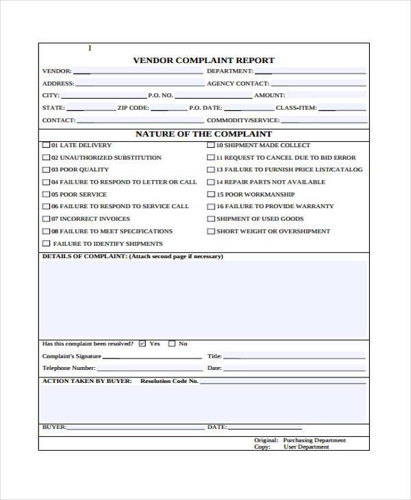 Free 8 Sample Vendor Complaint Forms In Pdf Ms Word