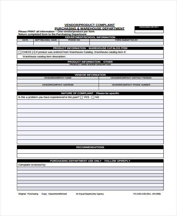 Free 8 Sample Vendor Complaint Forms In Pdf Ms Word