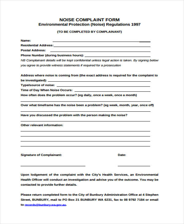 Free 8 Sample Noise Complaint Forms In Pdf Ms Word