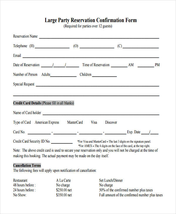 Free 11 Restaurant Reservation Forms In Pdf Ms Word