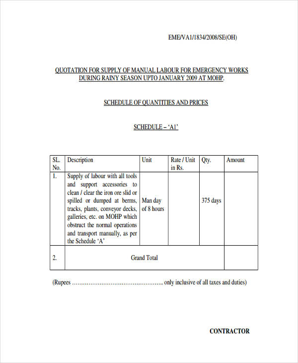 Free 6 Contractor Quotation Samples Templates In Pdf Ms Word Excel