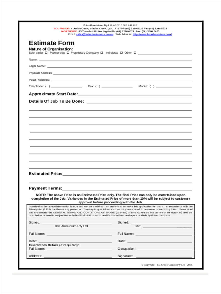 Blank estimate form template