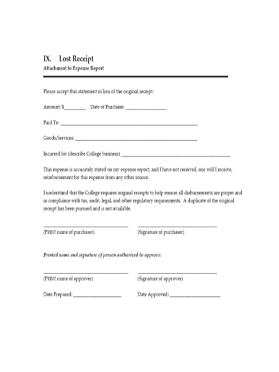Printable Lost Receipt Form