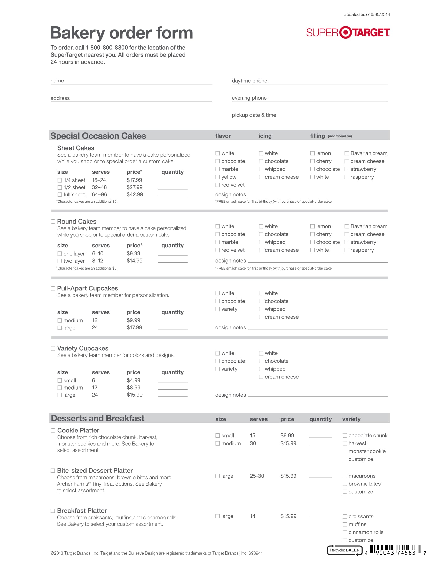 Printable Bakery Order Form