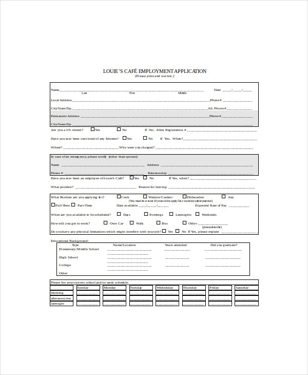 free 8 restaurant application forms in pdf ms word