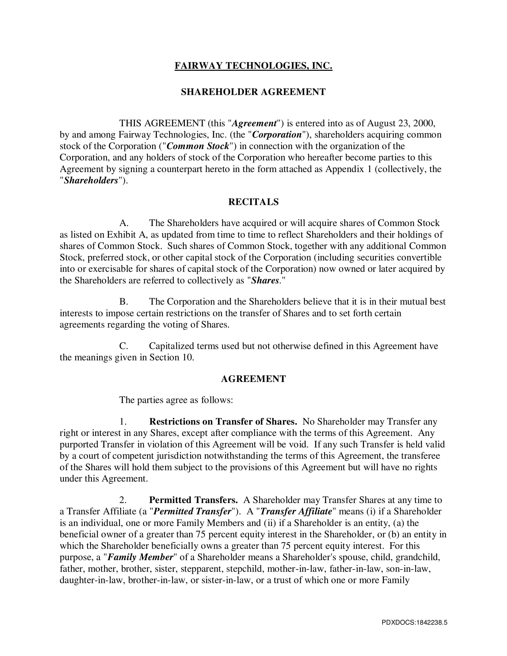 Company Shareholders Agreement Template