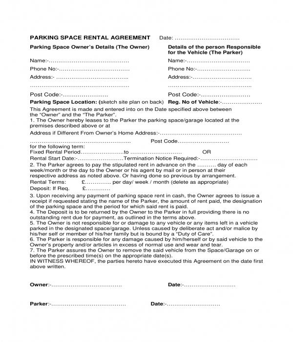 Free 3 Parking Space Rental Agreement Forms In Pdf