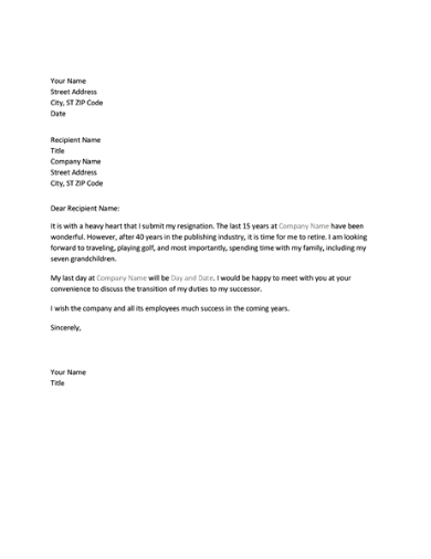 This letter formally notifies the company that you or a director intends to resign. FREE 5+ Retirement Resignation Letters in PDF | MS Word