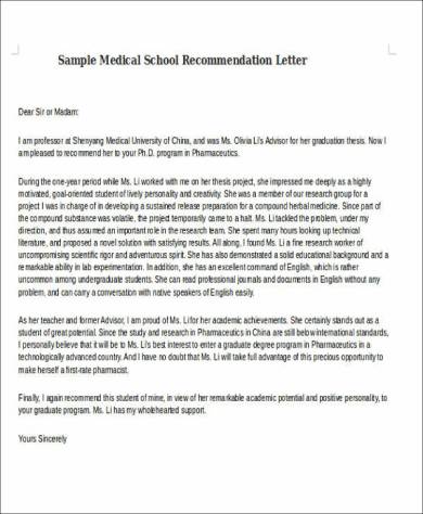 Free 6 Medical School Recommendation Letters In Pdf Ms Word