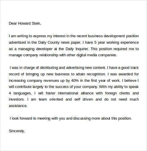 I am writing to express my interest in the business development position at the daily beast. Free 13 Cover Letter Samples In Ms Word Pdf