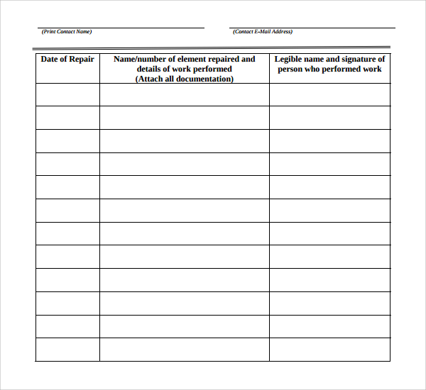 repair log template 9 download free documents in pdf excel