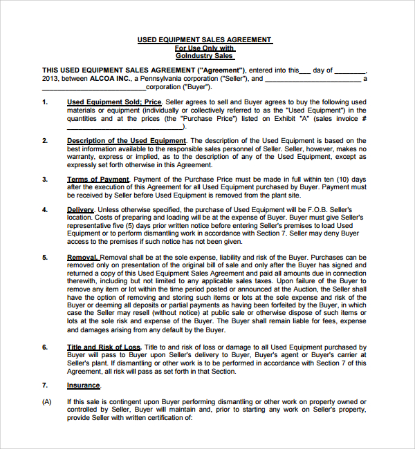 free 7 sample equipment purchase agreement templates in pdf ms word