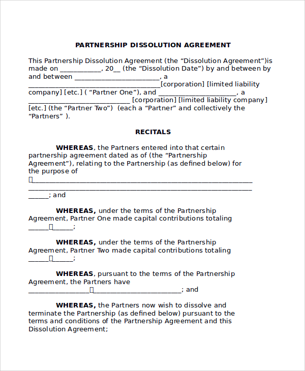 Free 7 Sample Partnership Dissolution Agreement Templates In Pdf Ms Word