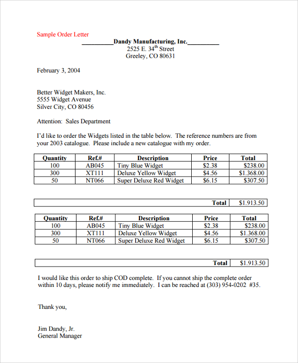 Free 20 Sample Order Letter Templates In Pdf Ms Word Pages Google Docs
