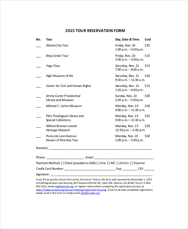 Free 6 Sample Tour Reservation Forms In Pdf Ms Word