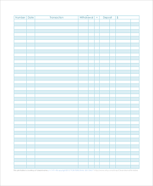 Blank Check Register Printable Blank Check Register 