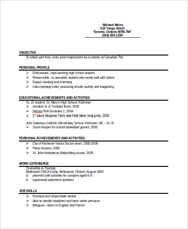 Beginner High School Student Resume Sample