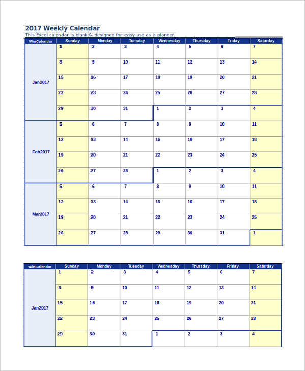 free 13 sample weekly calendar templates in ms word pdf excel