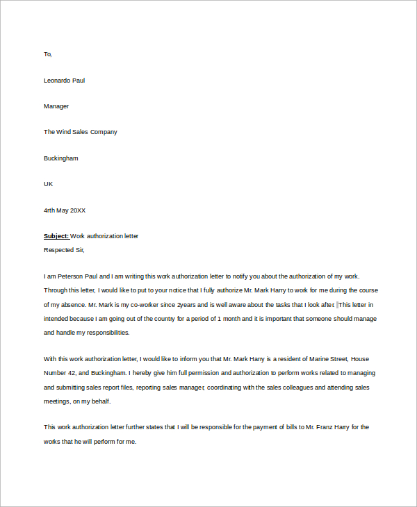 Free 6 Sample Work Authorization Letter Templates In Ms Word Pdf