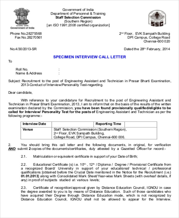 Free 9 Sample Formal Interview Letter Templates In Ms Word Pdf