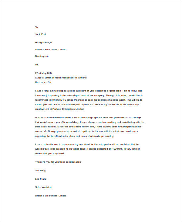 Free 38 Samples Of Recommendation Letter Templates In Pdf Ms Word