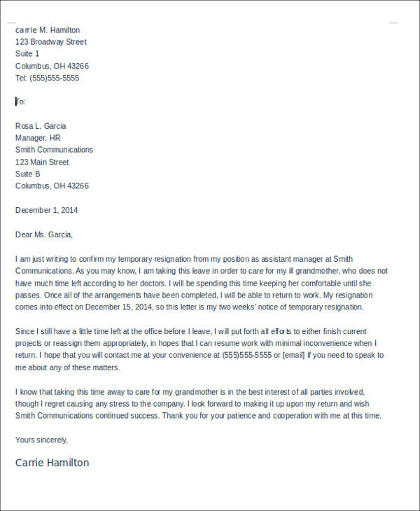 Free 4 Sample Temporary Resignation Letter Templates In Pdf