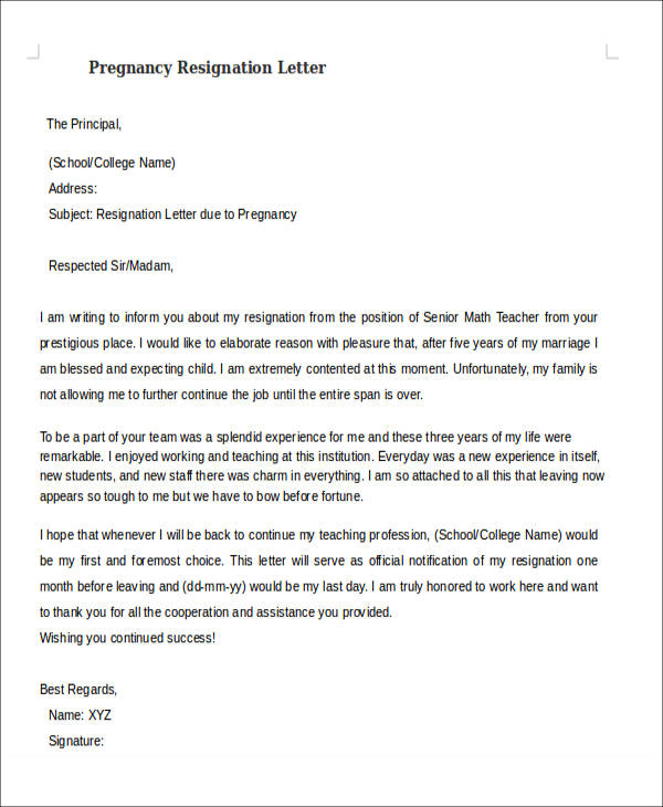 Free 10 Pregnancy Resignation Letter Templates In Pdf Ms Word Apple Pages