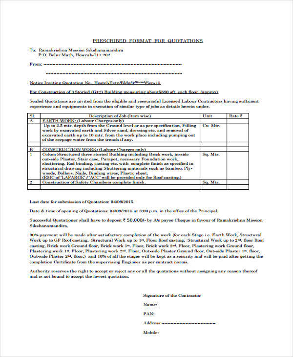 Free 11 Construction Quotations In Pdf Ms Word Pages