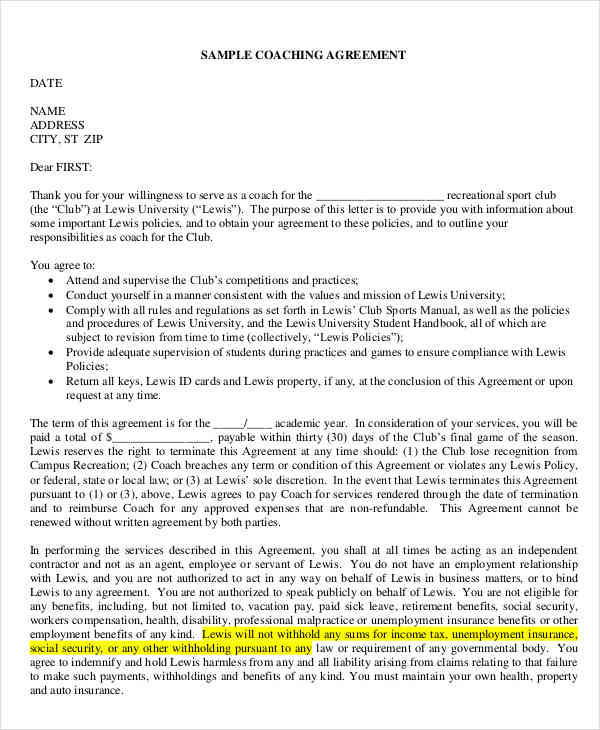 Free 10 Coaching Contract Sample Templates In Pages Ms Word Pdf