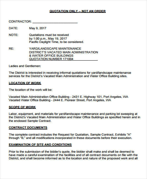 Free 6 Contractor Quotation Samples Templates In Pdf Ms Word Excel