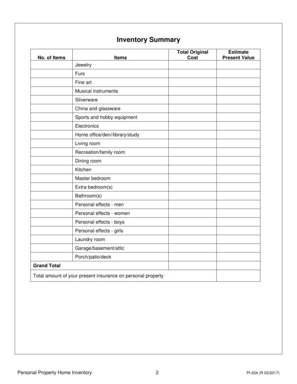Printable estate inventory worksheet