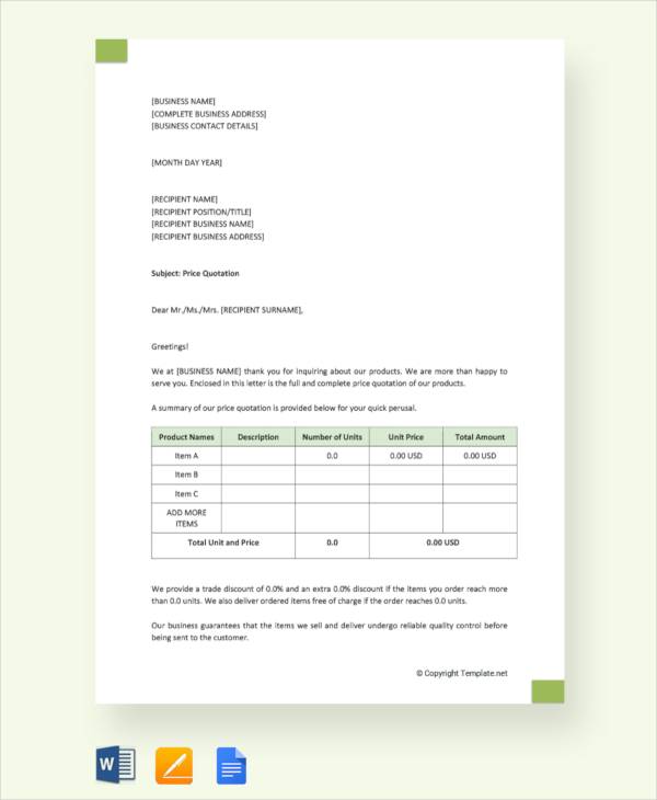 Free 10 Sample Quotation Letter Templates In Ms Word Pdf Pages