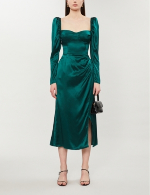 Green dress with sleeves · green satin dress · pretty dresses. Reformation Rey Puffed Sleeve Silk Midi Dress Selfridges Com